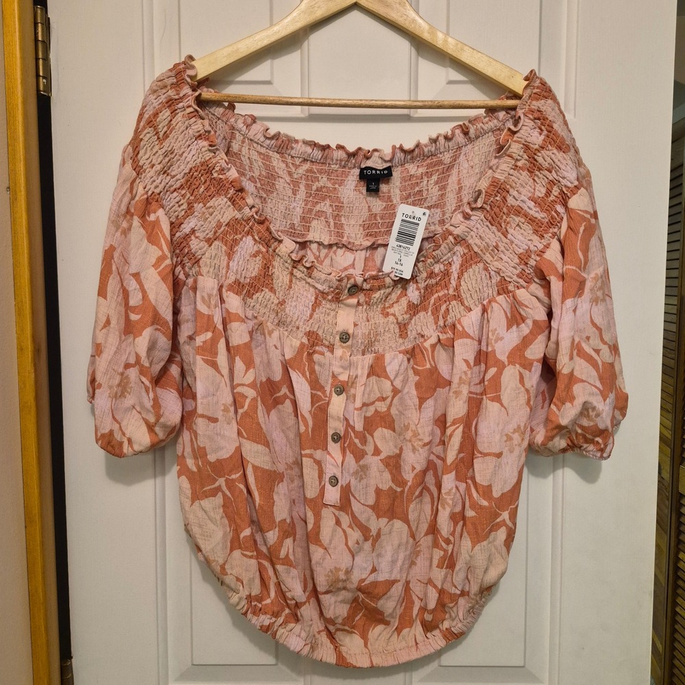 Torrid Crinkle Gauze Off Shoulder Top Baja Floral Camellia Pink Plus Size 1 1X